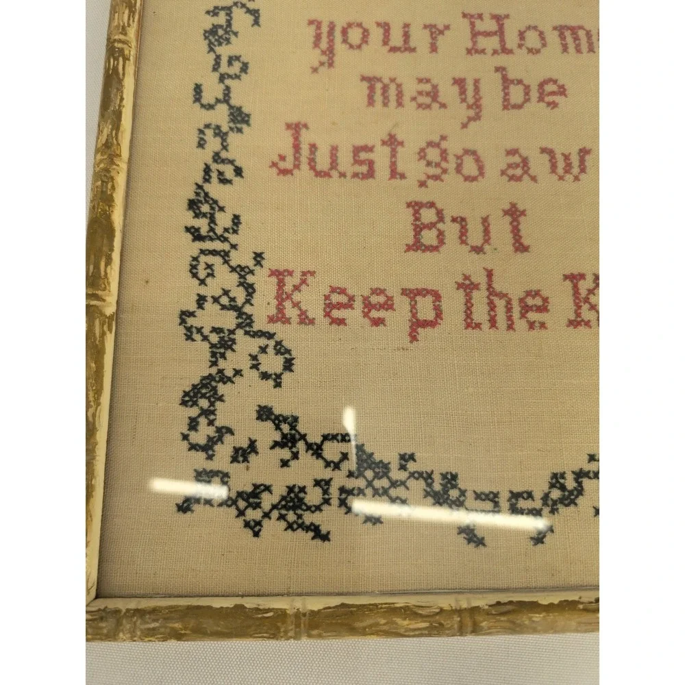 Vintage Cross Stitch Gold Faux Bamboo Frame Home Sweet Home Wall Art